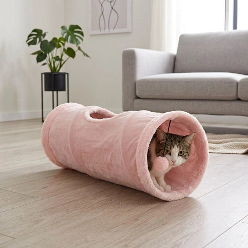 tunnel pour chat peluche rose avec chat